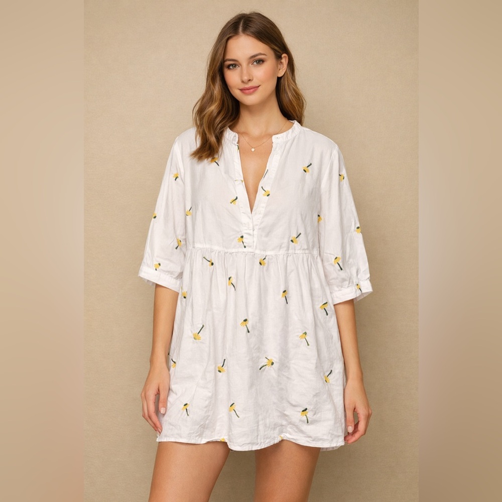 Mordenmiss Fallen Daisy Print Half Sleeve Popover Mini Dress White Size XL